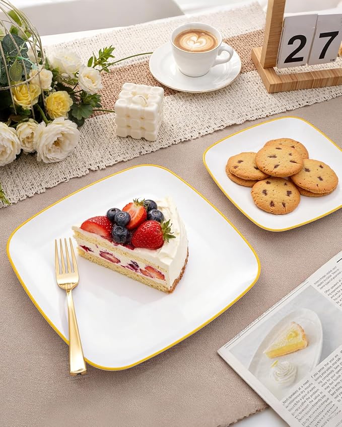 bUCLA 100PCS White Plates with Gold Trim - Heavy Duty White Gold Square Disposable - Include 50 Each (10 inch Dinner & 7.25 inch Dessert) Plates for Party & Wedding