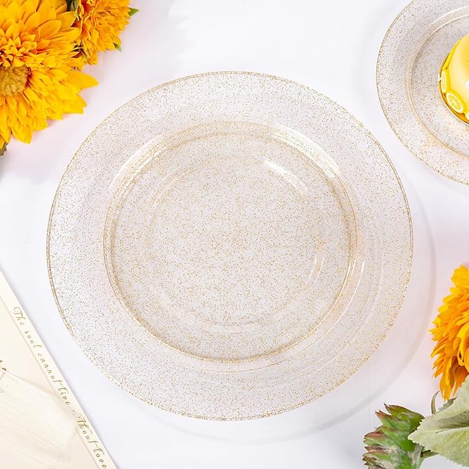 WDF 200PCS Gold Plastic Plates - Gold Glitter Plastic Plates - Heavy Duty Gold Glitter Disposable Plates - Include 100 Dinner Plates 10" and 100 Dessert Plate 7" for Party Wedding Valentine's Day