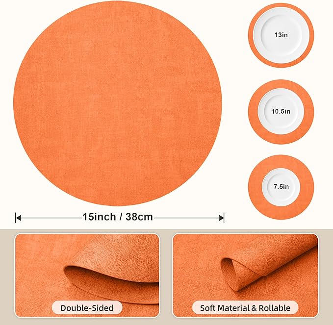 15 inch Faux Leather Round Placemats Set of 6 Non-Slip Washable Wipeable Table Mats, Heat Resistant Waterproof Oilproof Orange Place Mats for Kitchen, Dining, Party, Indoor, Outdoor