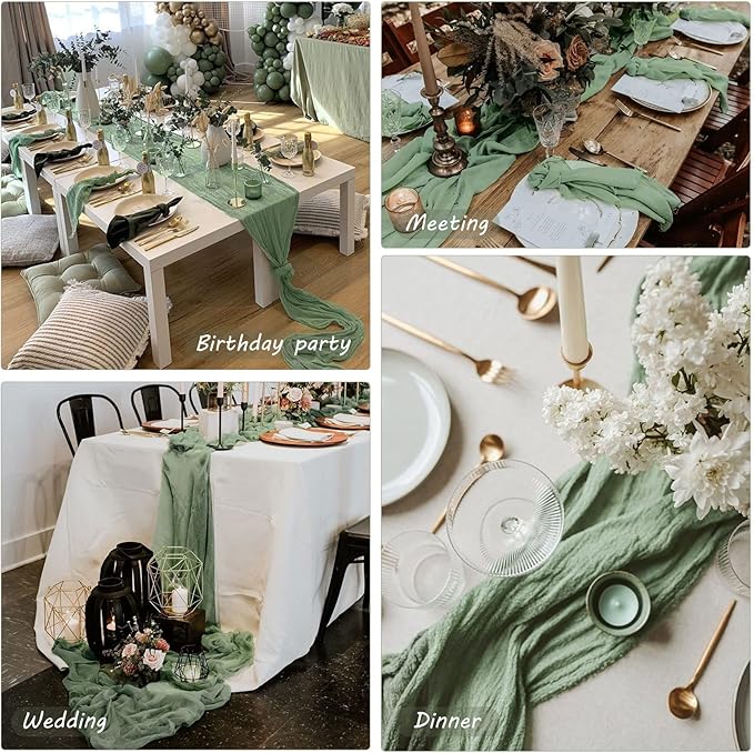 12 Pack Boho Gauze Table Runner - 35x72 Inch Rustic Cheese Cloth Long Table Runner for Wedding, Bridal Shower, Birthday Party Decor (Dusty Sage Green)