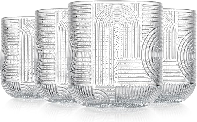 Glaver's Whiskey Glasses 13 oz Rocks Glass Double Old Fashioned Set of 4 DOF Home Bar Thick Glasses Embossed Designed Elegant Clear Modern Vintage Drinking Glassware