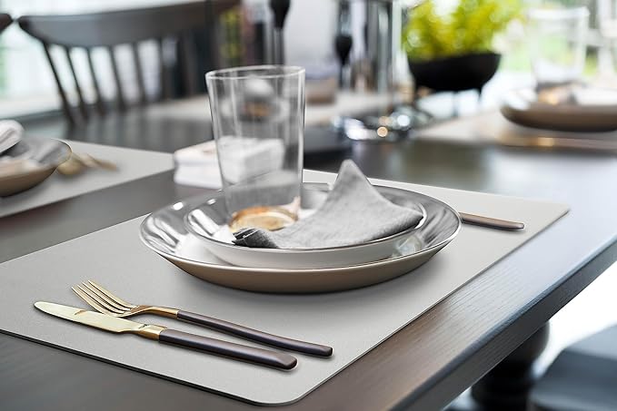 More Décor Faux Leather Placemats Set of 6 for Dining Table – Waterproof, Wipeable, Washable, Stain & Heat Resistant, Non-Slip Table Mats – 12 X 17 Inch, (Solid Silver 6)