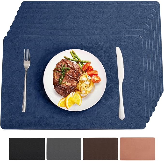 Vinyl Placemats Set of 8 Heat Resistant Easy Clean Non-Slip Place Mats for Dining Table Faux Leather Waterproof Stain Resistant Wipeable Washable PVC Table Mats(8, Blue)