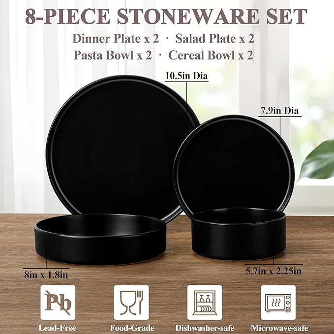 Herogo Dinnerware Sets with Pasta Bowls for 2, 8 Piece Dinner Salad Plates and Cereal Bowls, Stoneware Serving Dishes Dinner Ware for Home Kitchen, Dishwasher & Microwave Safe Dishware, Matte Black