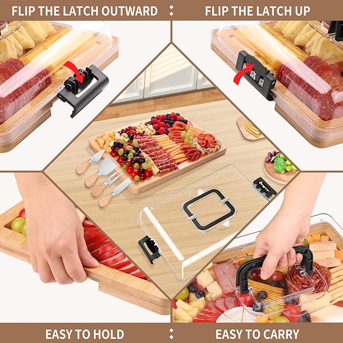 Charcuterie Board with Lid and Handle - Portable Travel Design Bamboo Cheese Board Set with 4 Cheese Tools, Gift for Housewarming, Weddings, Picnics (6 Compartments, Black)