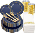 KIRE 210Pcs Navy Blue Plastic Plates - Blue Plates Disposable - 30guest Baroque Plastic Dinnerware for Upscale Wedding/Parties
