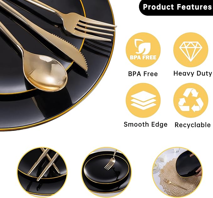 MirthMood 350Pcs Black and Gold Disposable Plates,Black Plates, Black and Gold Plates Include 30 Dinner,Dessert Plate,30 Cup&30 Napkins, 90 Gold Silverware for Wedding & Party & Birthday & New Year