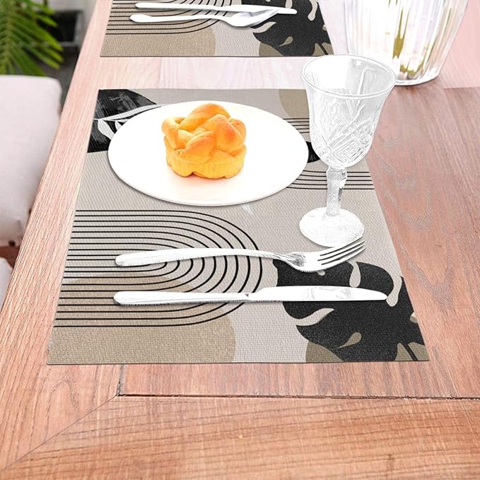 Mid Century Placemats 12x18 Inches Set of 4, Boho Black Beige Tropical Leaf Decorative Rectangle Modern Abstract Black Table Mats for Party Home Kitchen Dining Table Decoration