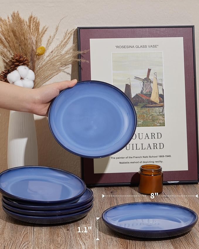 Ceramic Plates Set of 6, 8.0 Inch Reactive Glaze Dessert Plates, Modern Dinnerware Dishes Set for Kitchen, Microwave & Dishwasher Safe, Scratch Resistant-Light Blue