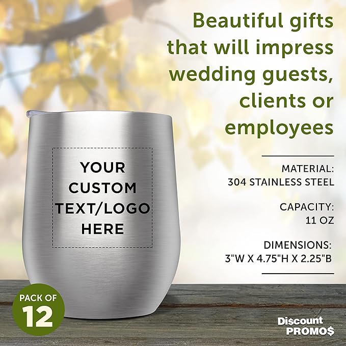 Custom Stemless Wine Glass Tumblers with Lids by Largo 11 oz. Set of 12, Personalized Bulk Pack - Perfect for Wine, Cocktails, Other Hot & Cold Beverages - Silver