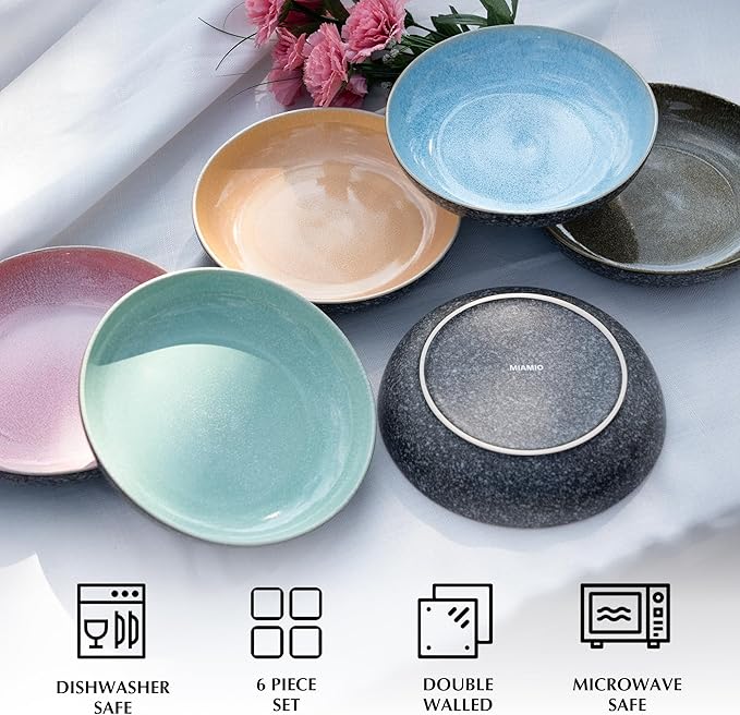 MIAMIO - Soup Plates Set of 6 (29 oz) / Pasta Bowls, Colorful Bowls for Pasta, Salad, Soup, Spaghetti/Microwave and Dishwasher Safe Bowls - Las Palmitas Collection