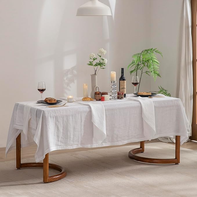 EVERLY Pure Linen Hemstitch Tablecloth,100% Stonewashed French Linen tablecloths for Kitchen Dining Rectangle Tables,60x132Inch Machine Washable Christmas Thanksgiving Organic Tablecloth-White