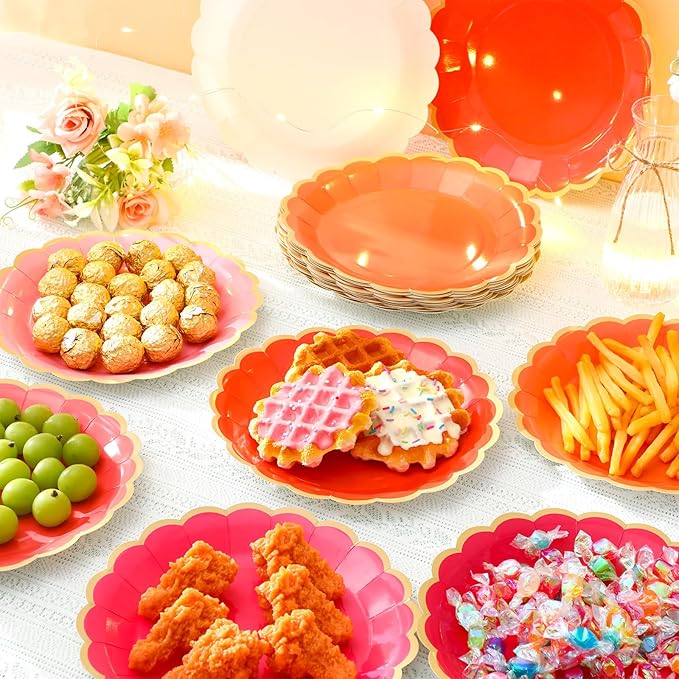 48 Pcs Pink and Orange Paper Plates 9 Inch Scalloped Paper Plates Disposable Dinner Dessert for Birthday Wedding Bridal Party Supplies, 6 Colors