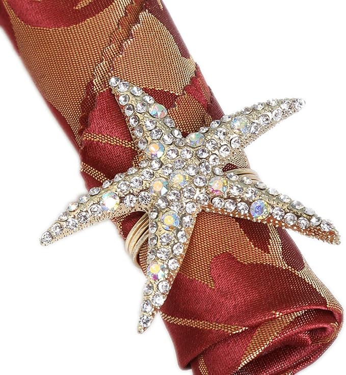 Crystal Starfish Napkin Rings Set of 12 - Rhinestone Coastal Nautical Napkin Ring Holders for Wedding Party, Beach/OceanTheme Dining Table Decoration Accessories (12)