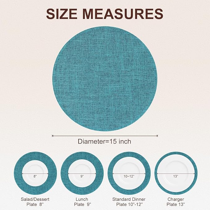 homing 15 Inch Round Cloth Placemats Set of 4, Cotton Linen Blend Washable Table Mats, Farmhouse Dining Place Mats for Indoors & Outdoors, Easy to Clean, Teal