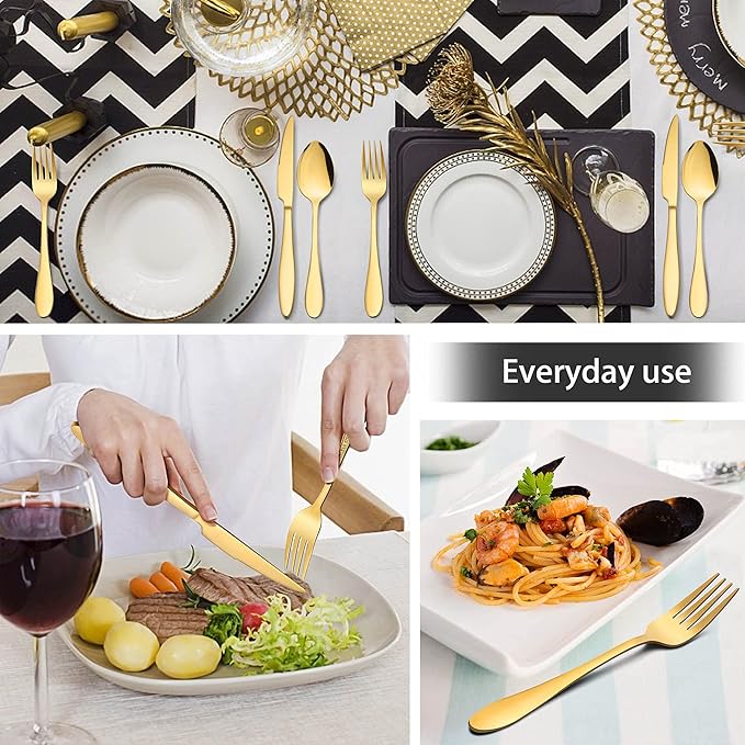 LIANYU 40-Piece Gold Silverware Set for 8, Stainless Steel Flatware Cutlery Set, Tableware Eating Utensils Include Forks Knives Spoons, Mirror Polished, Dishwasher Safe
