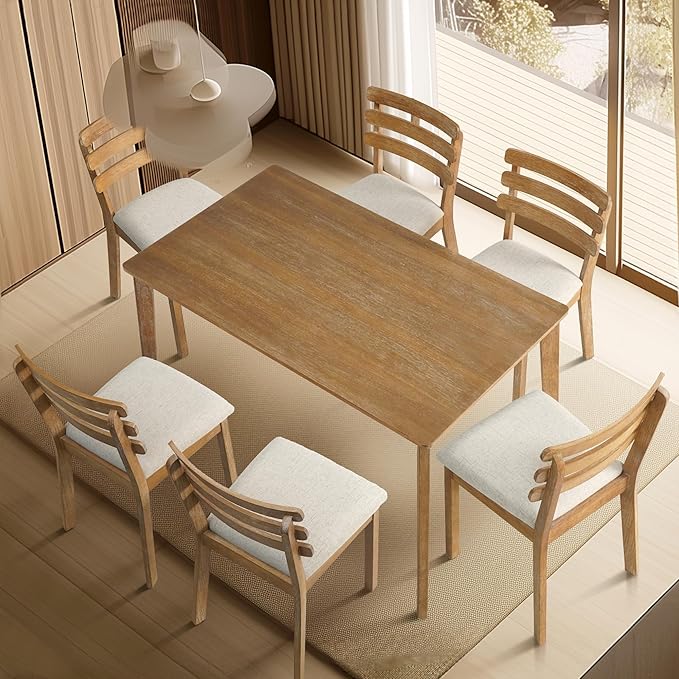 Modern Dining Table Set, Wooden Farmhouse Dining Roon Table and Solid Wood Chairs, 5-Piece Dining Set for Home, Kitchen, Dining Room, 4 Upholstered Chairs, Rubberwood Legs (Only Table)