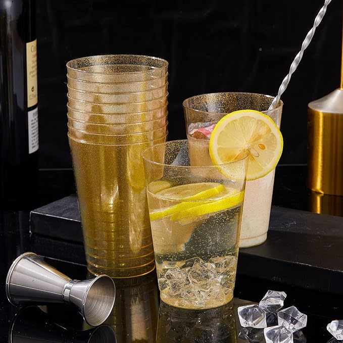 N9R 100PCS 12oz Gold Plastic Cups, Gold Glitter Disposable, Elegant Wedding and Party Cups