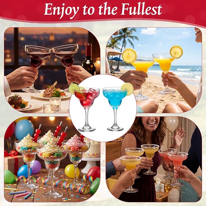 Maxdot 12 Set 12 oz Large Margarita Glasses with Metal Cocktail Picks Crystal Stemmed Martini Cocktail Glass Bulk Clear Daiquiri Margarita Cups for Home Parties Wedding Pina Coladas Frozen Drinks