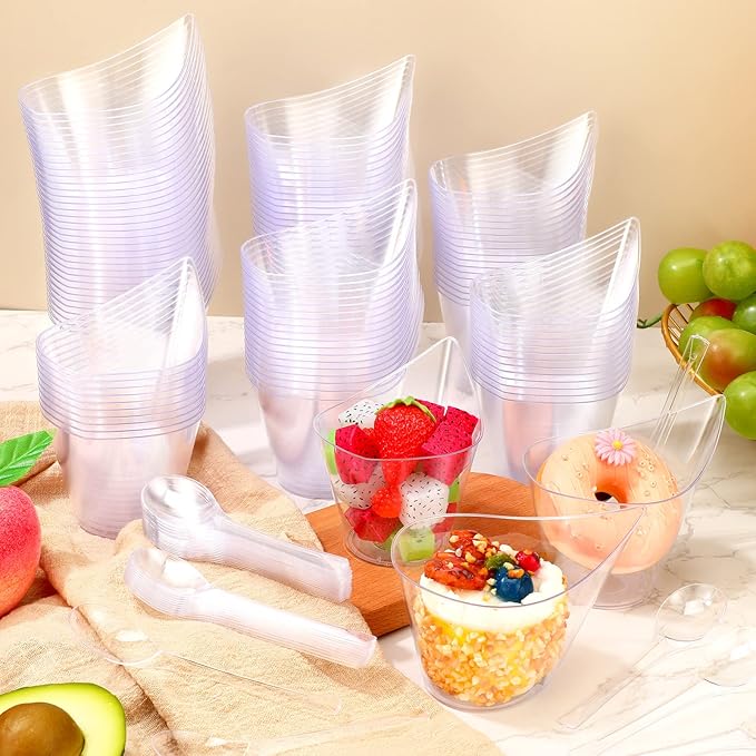 300 Pack Clear Plastic Dessert Cups with Tasting Spoons, Appetizer Cups Yogurt Parfait Bowls with Spoons for Party Supplies Catering Chocolate Desserts Buffet Food Display (7 oz)