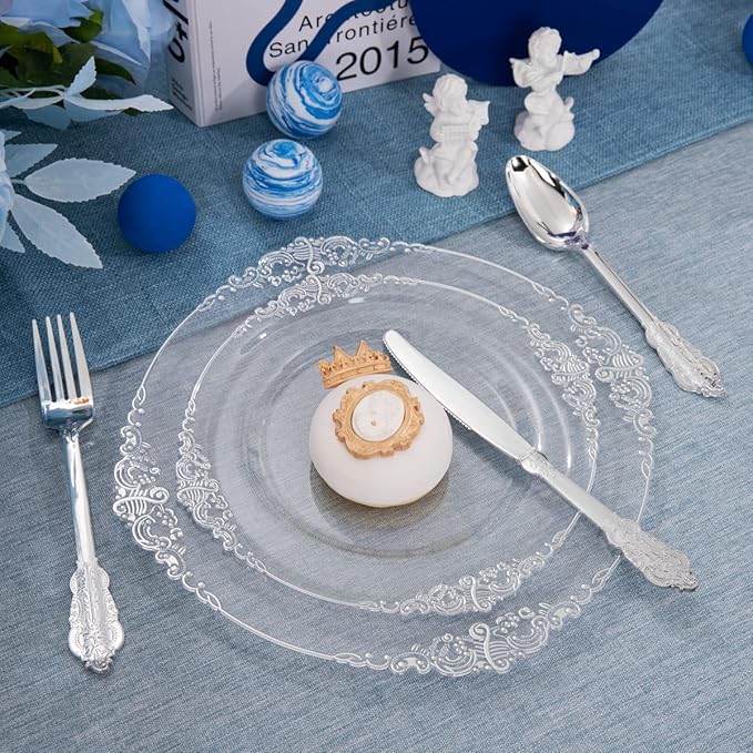 FLOWERCAT 175PCS Clear Silver Plastic Plates -Include 50 Plates, 25 Cups, 25 Forks, 25 Knives, 25 Spoons, 25Napkins for Wedding & Party&New Year