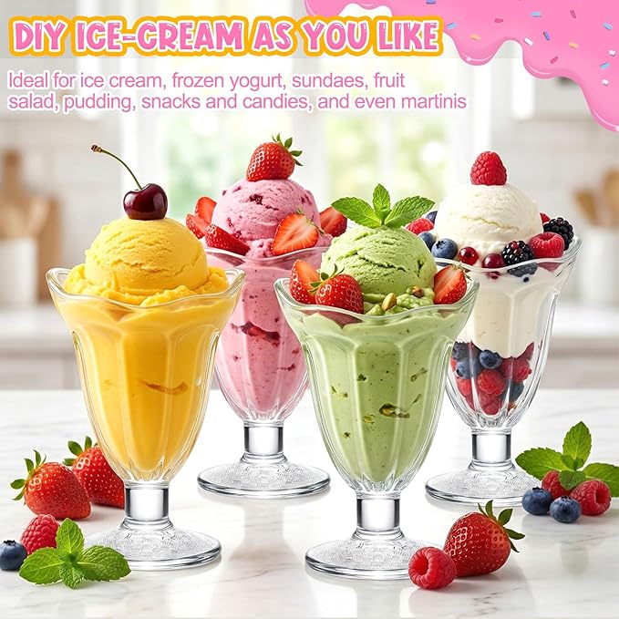 6 Pcs Glass Dessert Cups Set, 6.8 oz Clear Tulip Sundae Cups with Long Handle Spoons, Footed Parfait Trifle Glasses for Valentine's Dessert, Date Night Fruit Cocktail