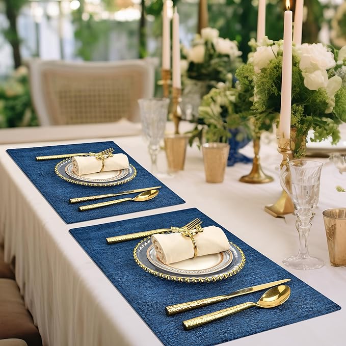 SLKQG Navy Linen Fabric Placemats Set of 6, Heat Resistant & Machine Washable Double-Layered Cloth Placemats for Dining Table, Indoor/Outdoor Use, Non-Slip Kitchen Table Mats (6, Navy)