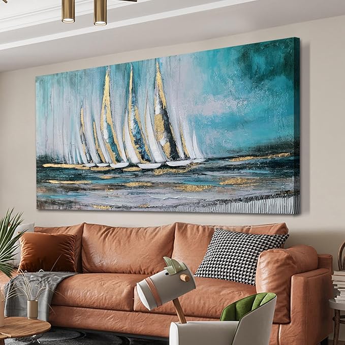 Anolyfi Blue Abstract Canvas Wall Art Teal Ocean Sailboat Picture Modern Coastal Nautical Painting, Textured Artwork Large Framed for Living Room Bedroom Bathroom Kitchen Office Home Decor 40"x20"
