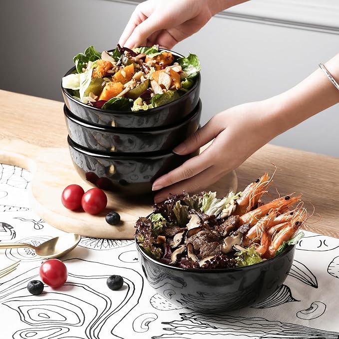 vicrays Ceramic Cereal Bowls Set - Porcelain 26 Ounce Soup Salad Bowls Set - Rice Dessert Cream Bowls Set - Chip Resistant Dishwasher Microwave Safe - Set of 6 (Black)