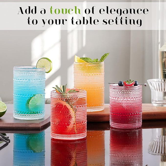 Hobnail Drinking Glasses Set of 8, 4pcs 15oz Highball Glasses & 4pcs 12oz Clear Glass Cups,Kitchen Bar Vintage Embossed Glassware Sets for Whiskey,Cocktail,mocktails,Wine, Water & Juice Drinkware