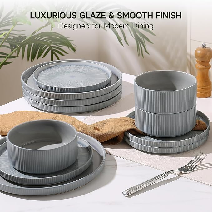 Dinnerware Sets for 4, Ceramic Plates and Bowls Set 12 Piece Dinnerware Chip Resistant Stoneware, Dishwasher and Microwave Safe-Blue