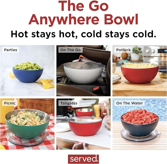 served Large Insulated Serving Bowl with Lid (100oz/3QT) - Double-Walled Stainless Steel Bowl for Hot & Cold Food - Vacuum Insulated, Spill-Resistant Thermal Bowl for Parties, Casseroles, Tailgates