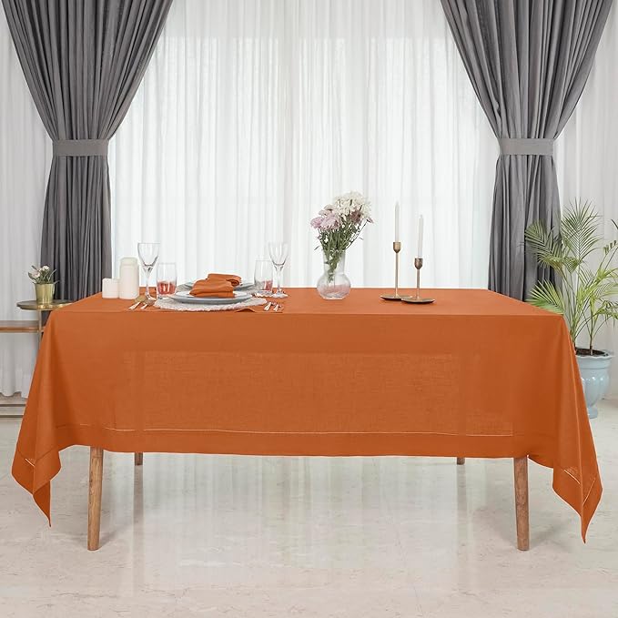 D'Moksha Homes Rust Linen Tablecloth for Rectangle Tables 60 x 102 Inch - Classic Hemstitch 100% Pure Linen Rust Table Cloth - Machine Washable Dining Tablecloth for Spring, Easter