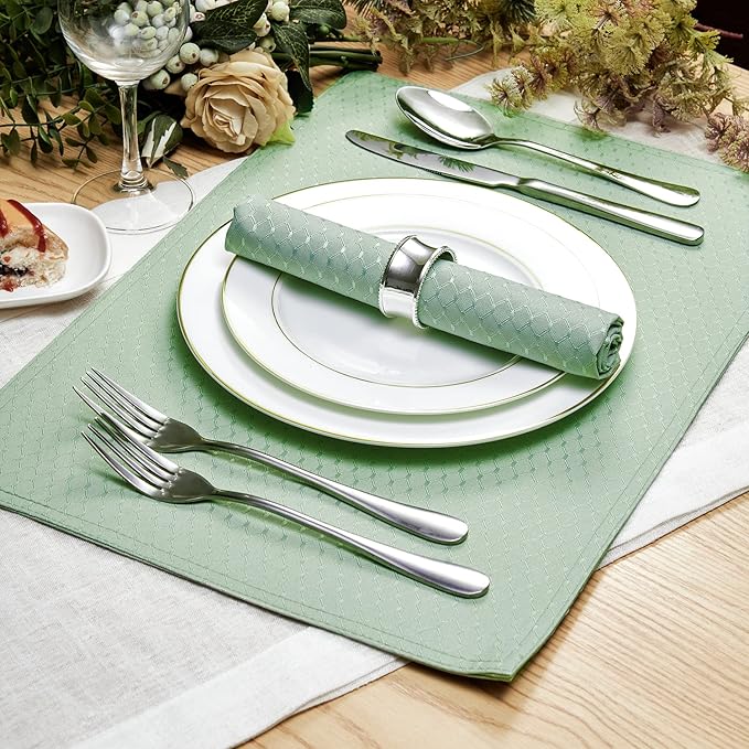 Place Mats Set of 8 – Rectangle Rectangular Waterproof Fabric Polyester Cloth Washable Wipeable Heat Resistant Placemats for Kitchen Dining Dinner Table Indoor 13 x 19 Inch Sage Green