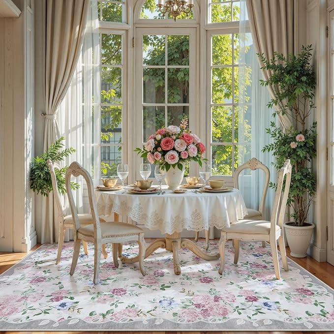 Lahome Purple Floral 5x7 Area Rugs, Boho Rugs for Bedroom Girls,Vintage Living Room Rug Non Slip Low Pile Ultra-Thin Large Carpet for Farmhouse,Dining Room,Kids Playroom,Nursery(5'X7',Purple/Grey)