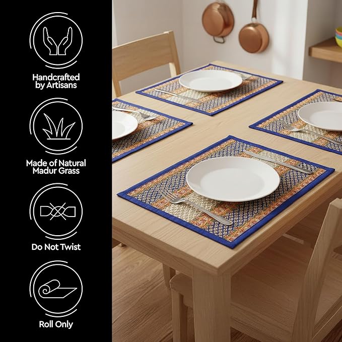 Encasa XO Woven Blue Placemats Set of 4 – 12" x 17" | Handwoven Madurkathi Grass Table mats for Dining Table, Kitchen & Outdoor Decor | Durable & Heat‑Resistant