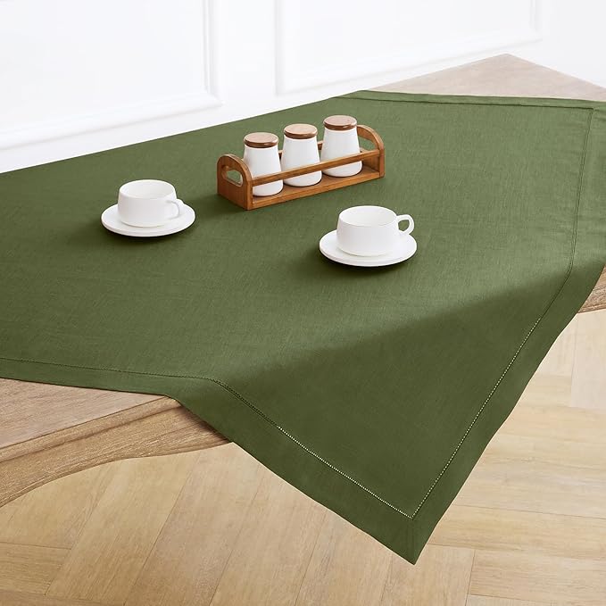 Solino Home Linen Tablecloth 52 x 52 Inch - 100% Pure Linen Olive Square Tablecloth - Classic Hemstitch, Machine Washable Table Throw