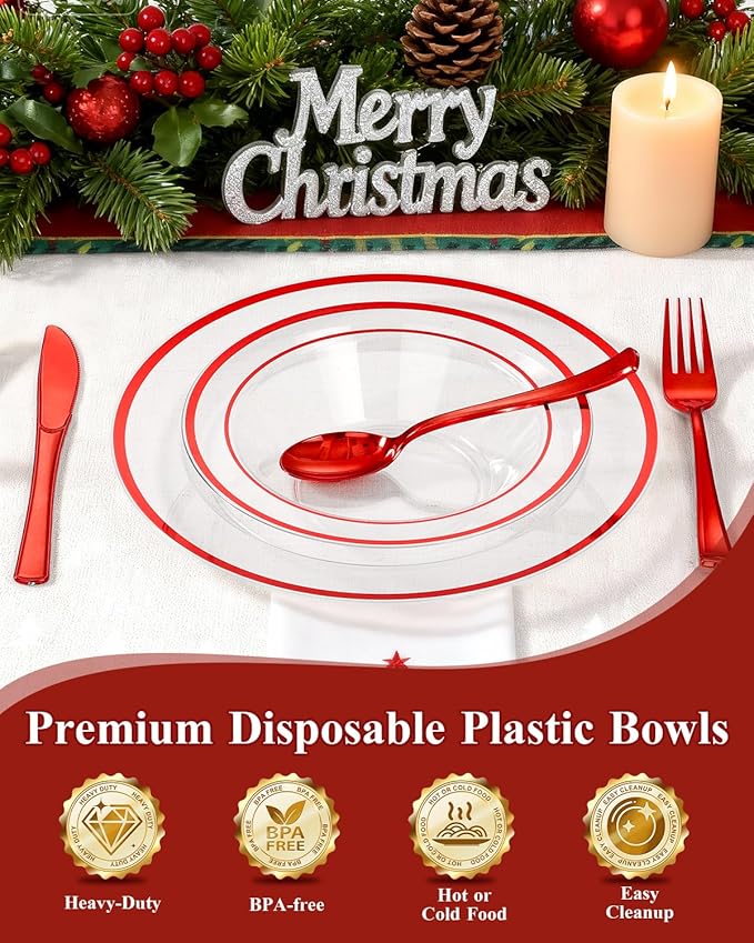 BESTSTAR 100 Pack clear Plastic Bowls with Red Rim, 12oz Disposable Soup Bowls, Heavy Duty Dessert Bowls for Christmas, Parties, Dinners, Catering, Thanksgiving