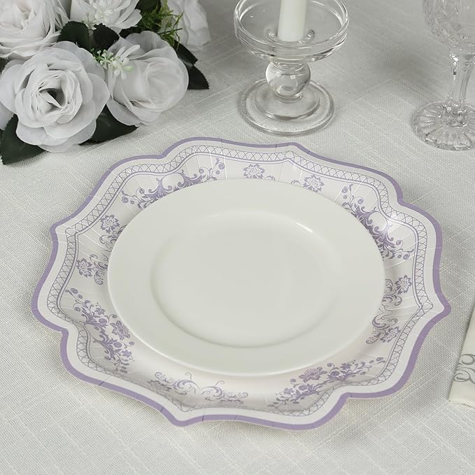 50 Pack 10" White Lavender Lilac French Toile Dinner Plates, Disposable Round Paper Party Plates 300 GSM for Festive Table Decoration