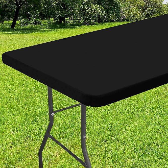 Smiry Rectangle Tablecloth, Elastic Fitted Flannel Backed Vinyl Tablecloths for 4ft Folding Tables, Waterproof Wipeable Table Covers for Indoor, Outdoor, Picnic and Camping (Black, 30"x48")