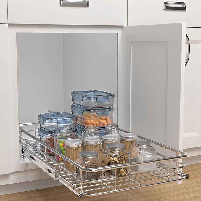 Pull Out Cabinet Organizer (16.4" W x 21" D), Put Out Shelves for Kitchen Cabinets, Roll Out Drawers Heavy-Duty Metal Sliding Shelf, Bottom Mount
