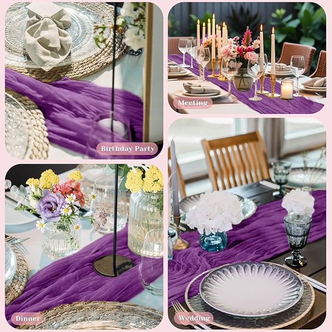 Purple Table Runner, 10 Ft 120 in Cheesecloth Table Runner, Rustic Table Runners for Wedding, Party, Bridal Shower, Spring Table Runners for Halloween Mardi Gras