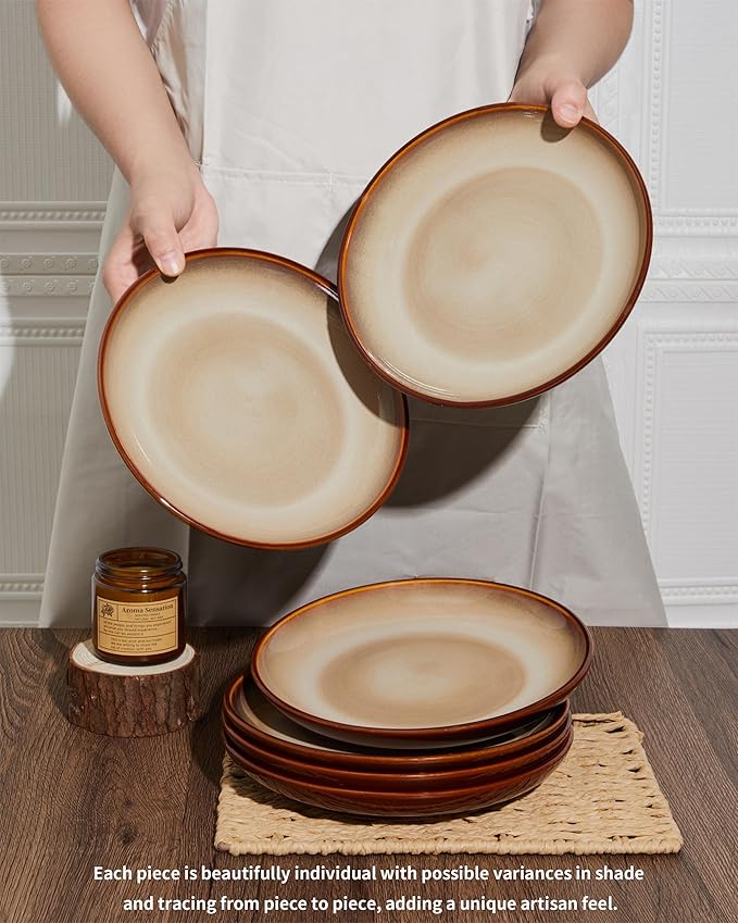 Stoneware Plates Set of 6, 8 Inch Handmade Reactive Glaze Ceramic Set for Dessert, Salad, Appetizer, Small Dinner Plates, Microwave & Dishwasher Safe, Highly Chip and Crack Resistant