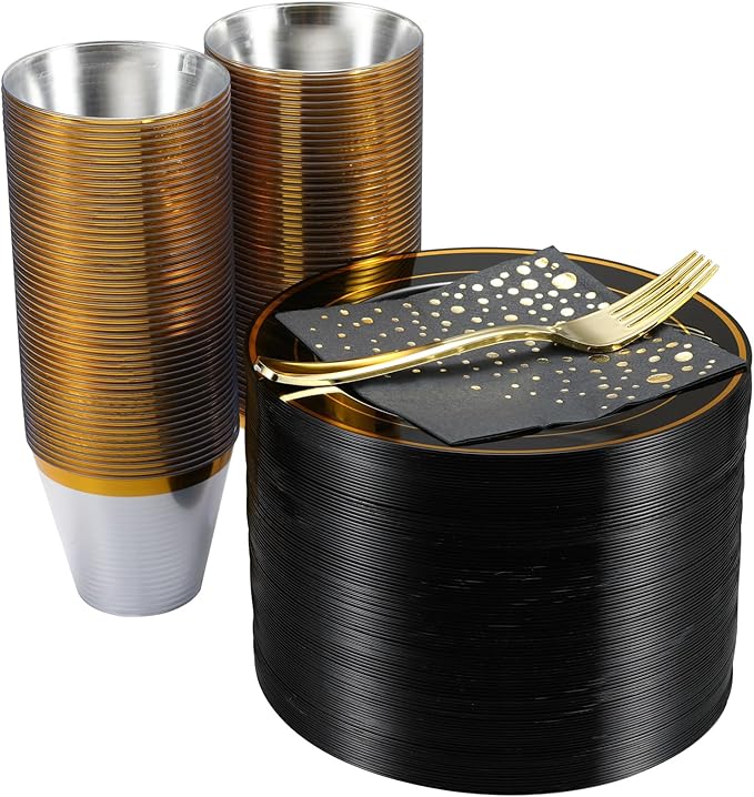 The Essential Concierge Stylish 7.5 Inch Gold and Black Cake Plates with Disposable Cups, Forks and Cocktail Napkins (100 Set of Each) - Small Appetizer Plates, Disposable Cake Plates or Salad Plate
