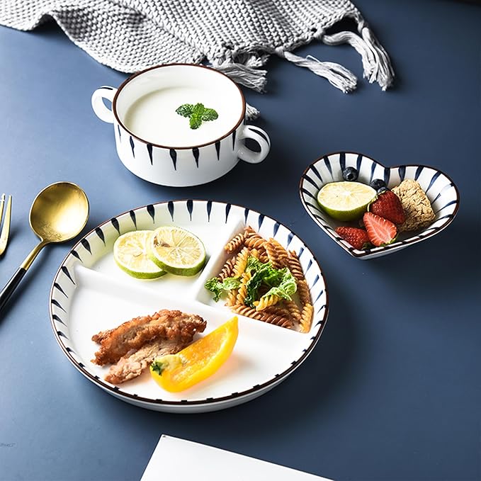 8" Dinner Plate Set, 3-Piece, Compartmentalized Ceramic Plates for Breakfast, Salad, Portion Control and Weight Loss