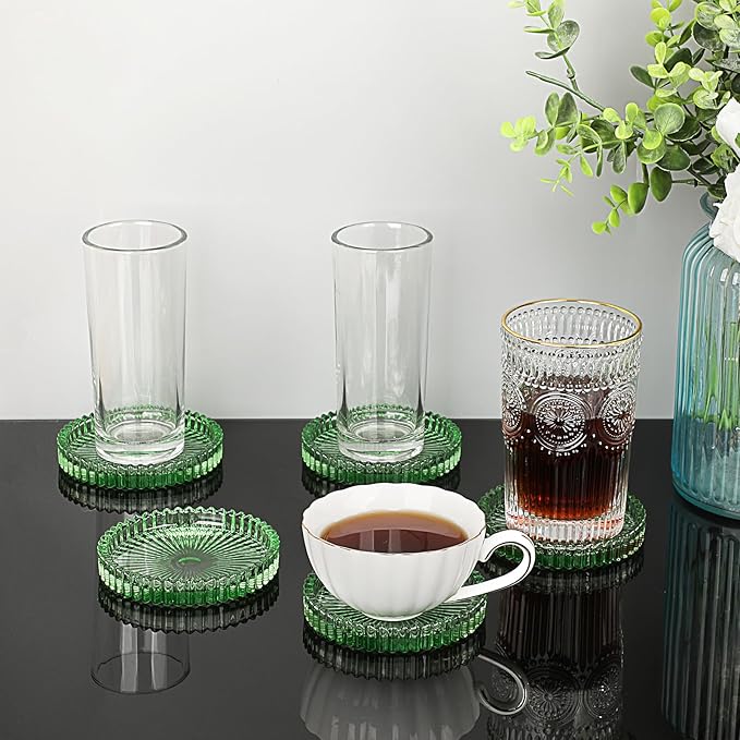 JUXYES 8 Pack Clear Green Crystal Coasters Round Cup Mat, Glass Coasters for Drinks Coffee Tea Wine, Decorative Wine Bottle Coaster, Crystal Drink Coasters for Restaurant bar Kitchen Dining Table