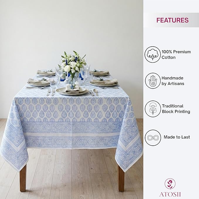 ATOSII Amalfi 100% Cotton Boho Square Fall Tablecloth, Handblock Print Table Cloth for Kitchen I Dining Table Linen Fall Décor I Parties Wedding Outdoor Christmas Thanksgiving I Fall 60 X 60 Inches
