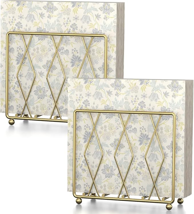 Napkin Holder for Table, 2 Pack Modern Metal Napkin Holders for Paper Napkins & Kitchen Dining & Countertops, Cocktail Upright Napkin Holder Dispenser Suitable for All Room Decors (Gold)
