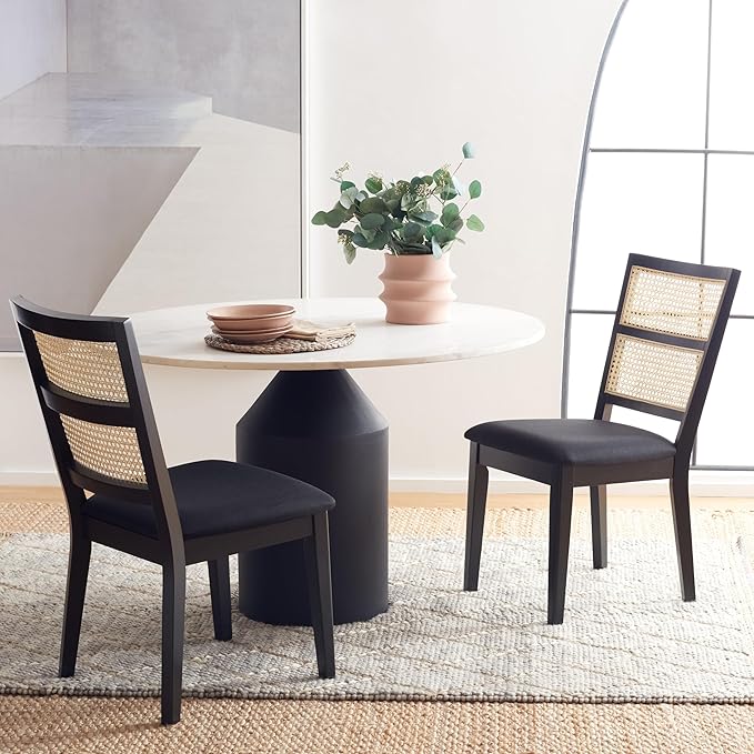 SAFAVIEH Home Collection Toril Coastal Black Frame/Black Upholstery/Natural Cane Dining Chair Set of 2