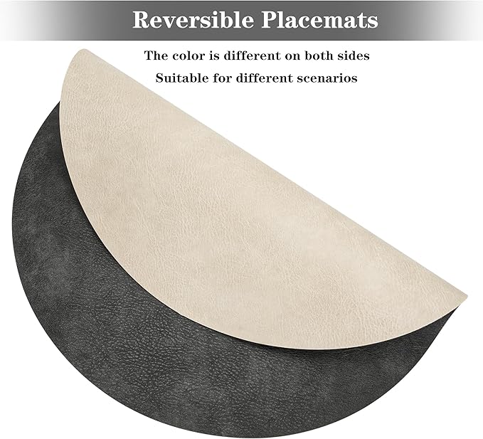Round Placemats and Coasters Set of 6, Washable Reversible Faux Leather Placemats Cowhide Pattern Place Mats Wipeable Non-Slip 15 inch Round Kitchen Dining Table Mats (Gray Beige, 6)